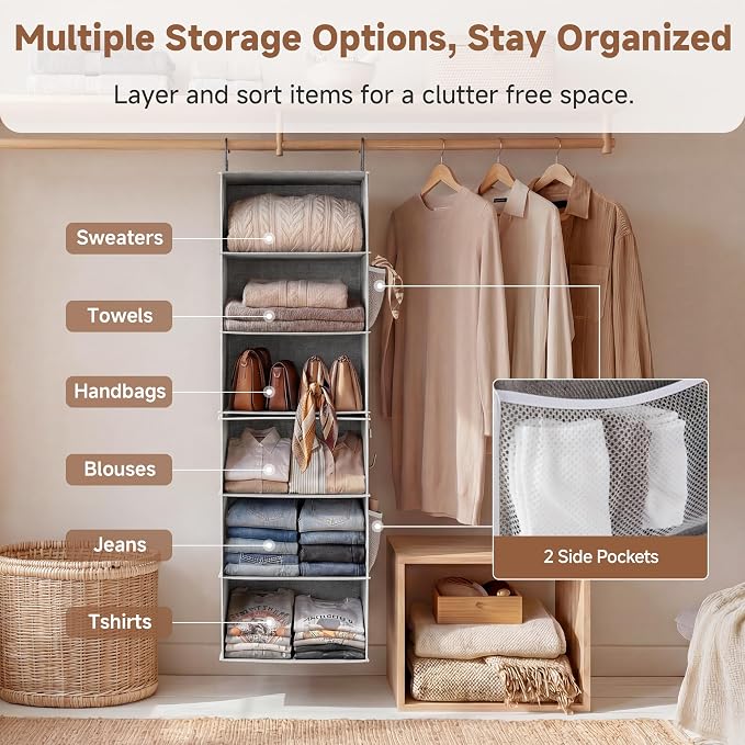 StorageWorks Hanging Closet Organizer, 6-Shelf with 2-in-1 Design, Ivory | Maximize Closet Space with Reinforced Shelves, Small Closet Storage Solution for Bedrooms, Dorms and RVs, Jumbo