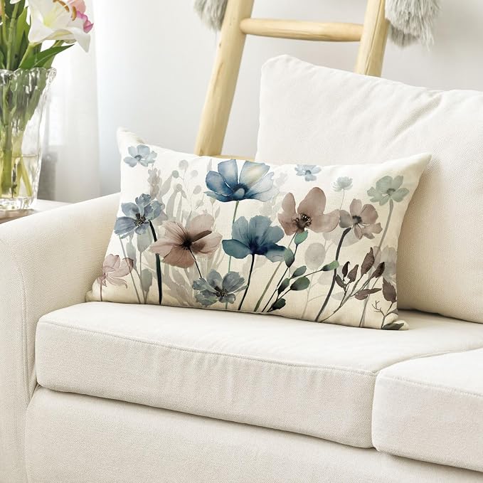 AVOIN colorlife Poppy Flowers Blue Brown Throw Pillow Cover 12x20 Inch | Chinoiserie Seasonal Leaves Cushion Case Decoration for Sofa Couch Farmhouse