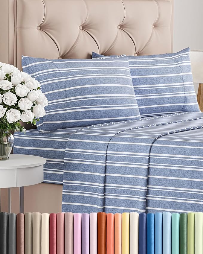 King Size 4 Piece Sheet Set - Breathable & Cooling Sheets - Blue Stripes | Hotel Luxury Bed Sheets for Women & Men, Deep Pockets, Easy-Fit, Extra Soft and Wrinkle Free Sheets, Oeko-Tex Bed Sheet Set