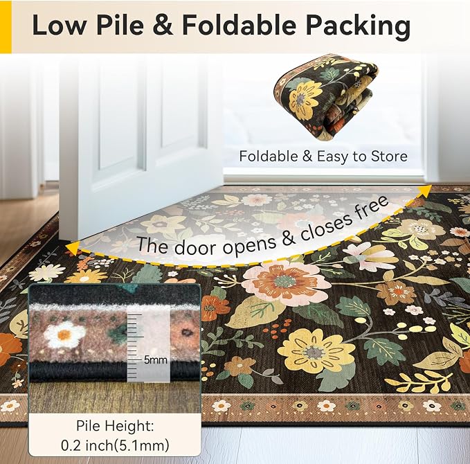 RELEANY Floral Washable 8x10 Area Rugs Black/Yellow | Flower Carpet, Print, Boho, Non-Slip, Easy to Clean, Soft, Low Pile for Living Room Bedroom Kitchen Office Entryway Hallway