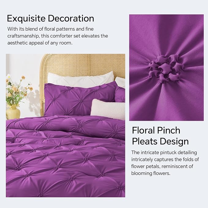 BEDELITE Queen Comforter Set Purple,Lightweight & Soft Comforter | Pintuck Boho Bedding, Warm & Cute Bed Set for All Season,With 2 Pillowcases