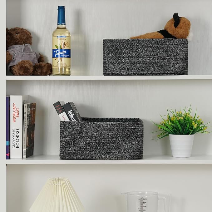 3 Pack Storage Baskets for Organizing, 13.7×9.5×6.3", Mixed Black | Woven Baskets for Shelves, Cotton Rope Basket for Gifts Empty, Closet Organizer Bins with Handles, Cube Decorative Box