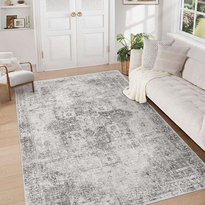 Area Rug 5x7 Washable Rug, Vintage Boho Medallion Rugs Non-Slip Soft Low Pile Large Distressed Rug Indoor Retro Carpet for Living Room Bedroom Dining Room Home Office (Grey, 5'x7')