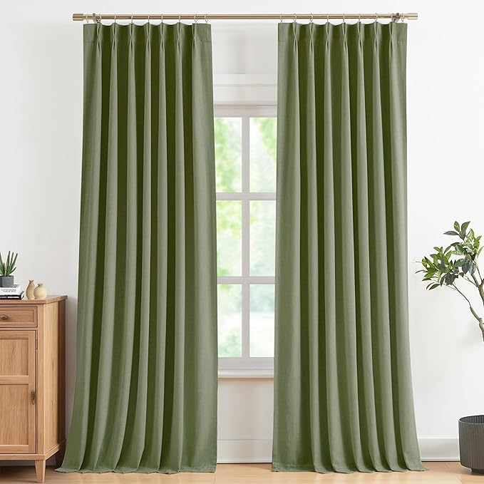 Vision Home Dark Green Pinch Pleated Full Blackout Curtains Linen Blended Room Darkening Curtain Panels 108 inch for Living Room Bedroom Thermal Insulated Pinch Pleat Drapes with Hooks 40" Wx108 Lx2