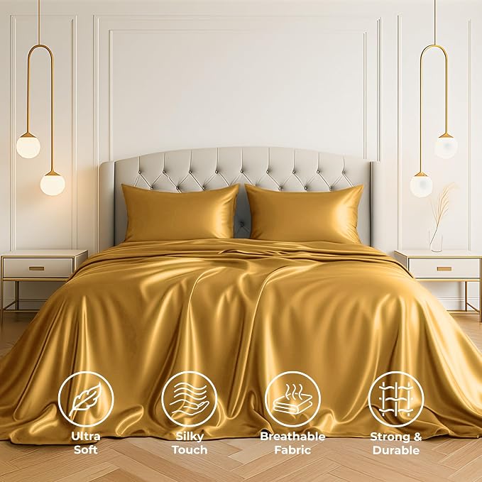 Satin Sheets Full [4-Piece, Gold] Hotel Luxury Silky Bed Sheets - Extra Soft 1800 Microfiber Sheet Set, Wrinkle, Fade, Stain Resistant - Deep Pocket Fitted Sheet, Flat Sheet, Pillow Cases