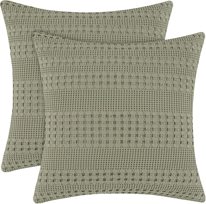 PHF 100% Cotton Waffle Weave Euro Sham Covers, 2 Pack 26" x 26" Bed Pillow Covers for Elegant Home Decor, No Filling, Luxury Aesthetic Soft Euro Pillow Cases for Bed, Dusty Sage