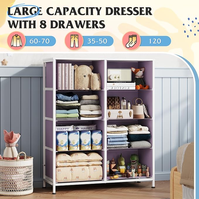 WLIVE 8 Drawer Fabric Dresser for Bedroom, Tall Storage Tower, Tie-dye | 8-drawer tall storage tower with fabric bins and wood tabletop, breathable non-woven, perfect for girls bedroom closet dorm