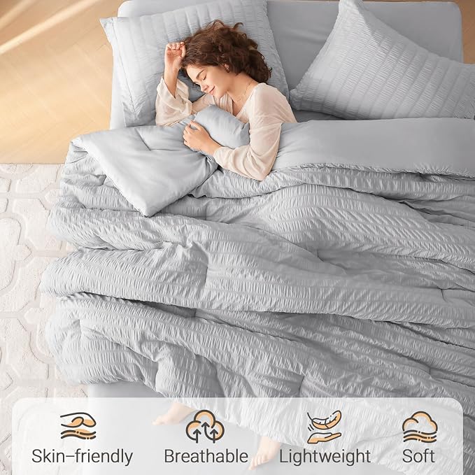 7 Pieces King Comforter Set, Seersucker Bed in a Bag King Size, All Season Luxury Bedding Set with Comforter, Flat Sheet, Fitted Sheet, Pillowcases & Shams, Light Grey