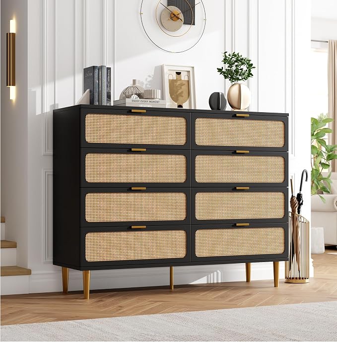 GarveeHome Rattan 8 Drawer Dressers for Bedroom, Deep Drawer, Black | Tall Dresser, Wide Top, for Living Room, Hallway, Kids Room, Large Chest of Drawers for Closet, Long Wooden Dresser