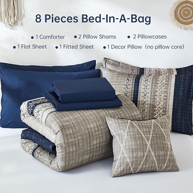 Dintszyayue Blue King Comforter Size Set, 8 Pieces Boho Grey Striped Texture Bed in a Bag Sets, Lightweight Soft Bohemian Comforter and Sheet Set, All Season Microfiber Bedding Sets for Men Women