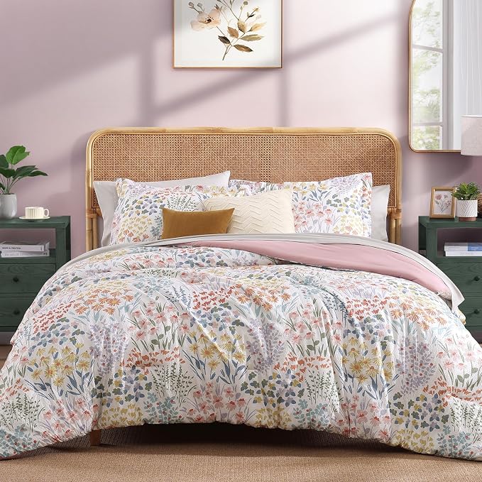 Queen Comforter Set - 7 Pieces Soft Floral Bed in a Bag Queen Bedding Sets | All Season Botanical Texture Flowers Comforter Set with Sheets, Pillowcases & Shams