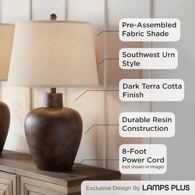 Glenn 27" Tall Table Lamps Set of 2 Terra Cotta Farmhouse Southwest Rustic | Dark Southwestern Natural Cottage Living Room Bedroom House Bedside Nightstand Tapered Drum Shade