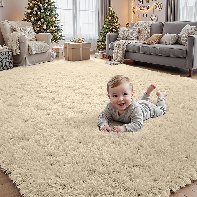 5x7 Fluffy Shag Area Rugs for Living Room Bedroom: Soft Plush Carpet Beige | Upgraded Non-Slip Thick Memory Foam, Ultra Soft, Non-Shedding Fuzzy Carpet, Easy Clean Decor for Kids Room, Nursery, Playroom