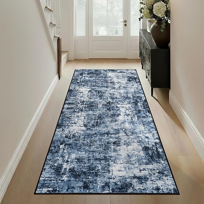 Rugflix 2x7 Runner Rug for Hallway, Washable Navy Blue Kitchen Runners | Machine Washable; Stain-Resistant; Low Pile; Non-Slip; Modern Abstract; Black Carpet for Bedroom Bathroom Laundry
