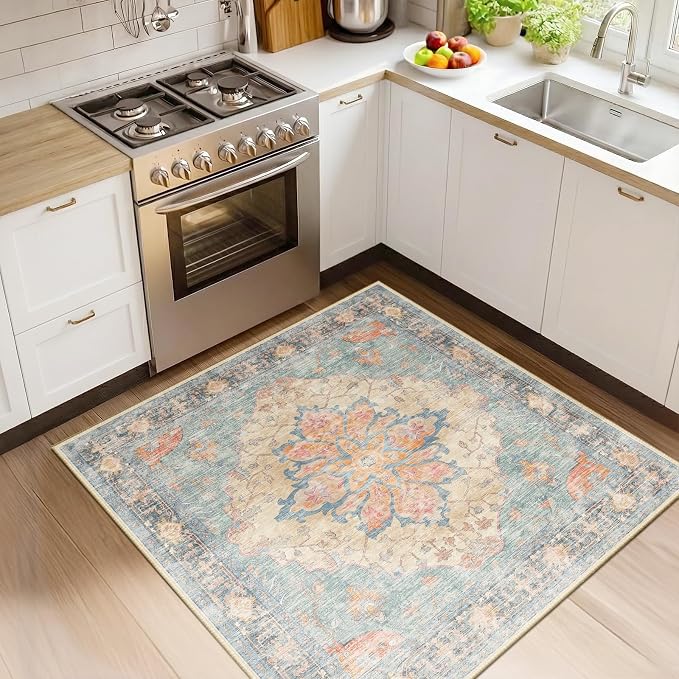 RELEANY Washable Area Rug, Square 4'x4', Blue/Orange/Red | Non-Slip, Water Repellent, Pet Friendly, Easy to Clean, Vintage Floral Boho Decor for Living Room Bedroom Entry Office