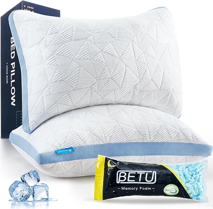BETU Cooling Pillows Queen Size Set of 2, Shredded Memory Foam Cool Pillows for Hot Sleepers, Adjustable Firm Soft Support Bed Pillows Perfect for Back Neck Pain and Side Sleeping with Cover, Blue