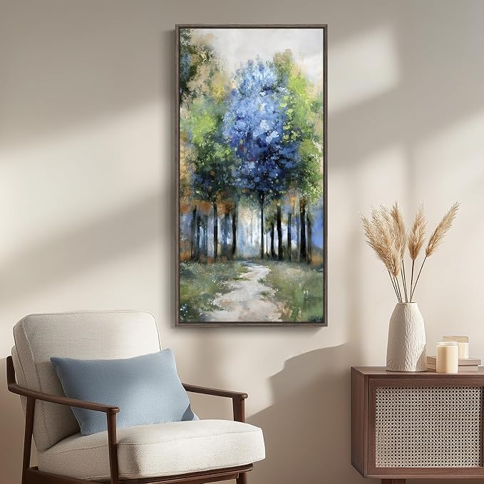 Framed Vertical Forest Path Landscape Wall Art for Living Room, 20x40 Inch | Farmhouse, Nature, Colorful, Large, Forest scenery, Office art, Foyer wall decor, Hallway decor, Ready to hang, Wood frame