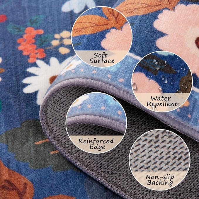 RELEANY Floral Washable 8x10 Area Rugs Blue/Grey | Flower Carpet, Print, Boho, Non-Slip, Easy to Clean, Soft, Low Pile for Living Room Bedroom Kitchen Office Entryway Hallway