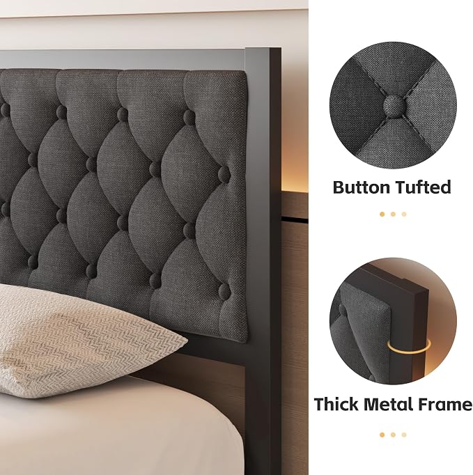 Fluest Queen Bed Frame with Headboard Linen Upholstered Bed Frame Platform,All Metal Slats Support Platform Bed Frame with Storage Space,Easy Assembly,Noise Free,No Box Spring Needed,Grey
