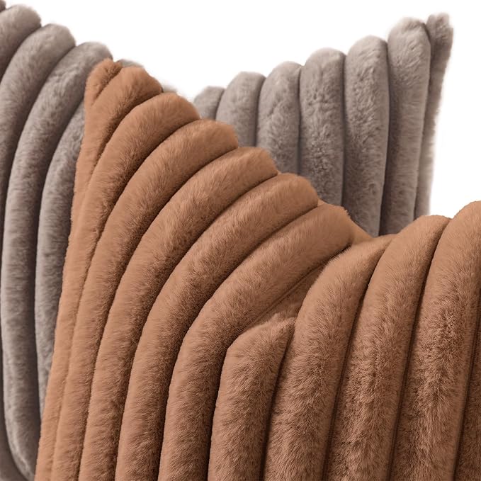 decorUhome Fall Faux Fur Throw Pillow Covers 22x22 Set of 2 Brown | Decorative Soft Cozy Striped Plush Modern Farmhouse Boho Couch Pillow Cases Velvet Back for Sofa Bed Living Room Home Decor