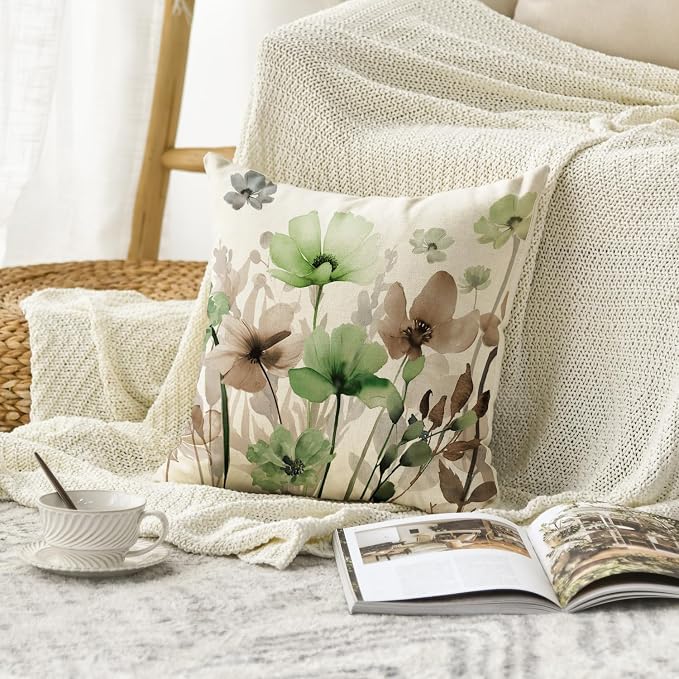 AVOIN colorlife Poppy Flowers Fall Spring Throw Pillow Cover 18x18 Inch | Chinoiserie Sage Green Brown Seasonal Leaves Cushion Case Decoration for Sofa Couch Farmhouse