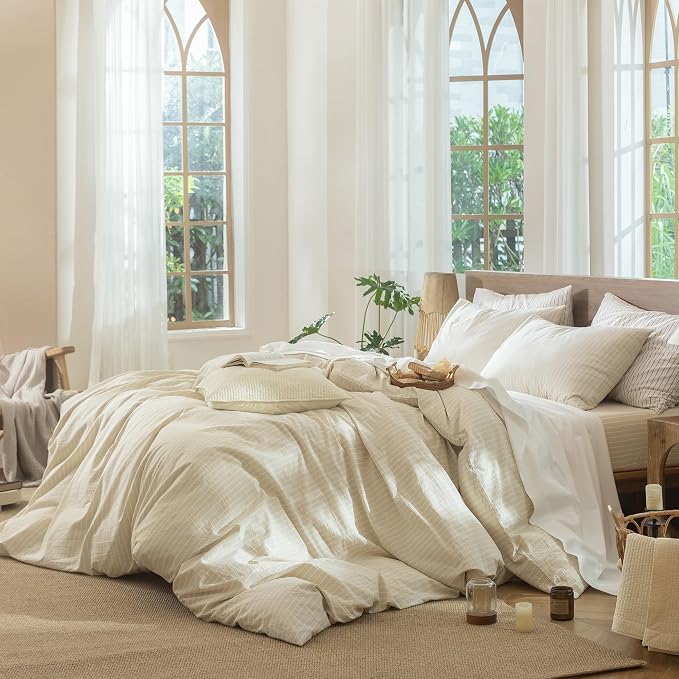 MooMee Striped Duvet Cover Set 100% Washed Cotton Linen Like King | Relaxed Linen-like Texture. Soft, Breathable & Long-lasting Comfort. Lightweight. Hidden Zipper with 8 Interior Corner Ties