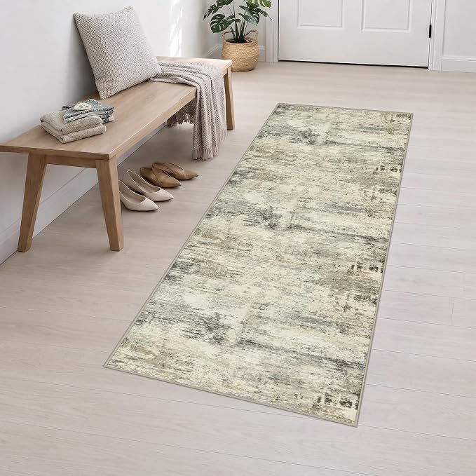 2.6x8 Washable Runner Rug：Modern Abstract Soft Carpet Ash Brown | For Hallway, Bedroom, Kitchen, Laundry, Bathroom,Door Mat,Modern Abstract,Machine washable,Non-Slip,Stain Resistant,Indoor