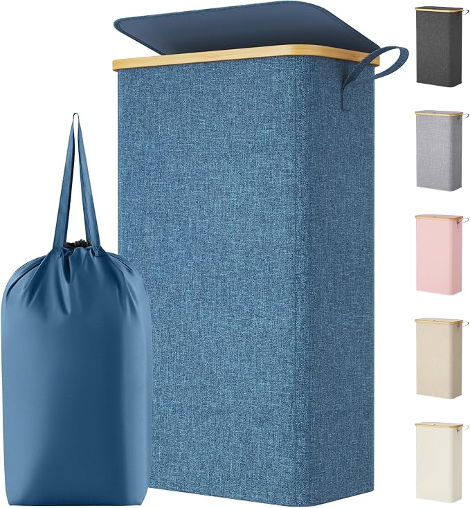 Lifewit 75L Slim Laundry Hamper with Lid, Narrow Laundry Basket with Removable Bag & Bamboo Handles, Fodable Thin Dirty Clothes Hamper for Laundry Collapsible Bin for Bathroom Bedroom Dorm, Dark Blue