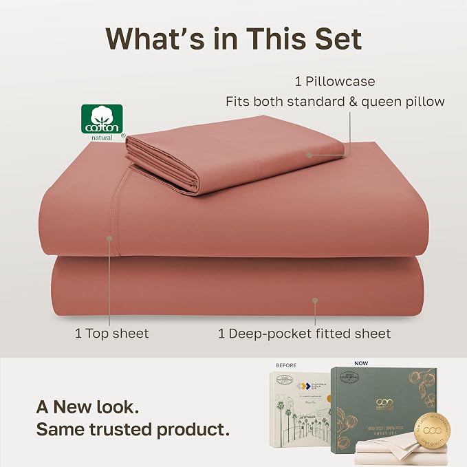 California Design Den 600 Thread Count 3 Pc XL Twin Sheets Set, Terracotta | 100% Cotton Sateen Backed by Good Housekeeping Seal, Soft & Smooth, All-Around Elastic, Durable, Easy Care