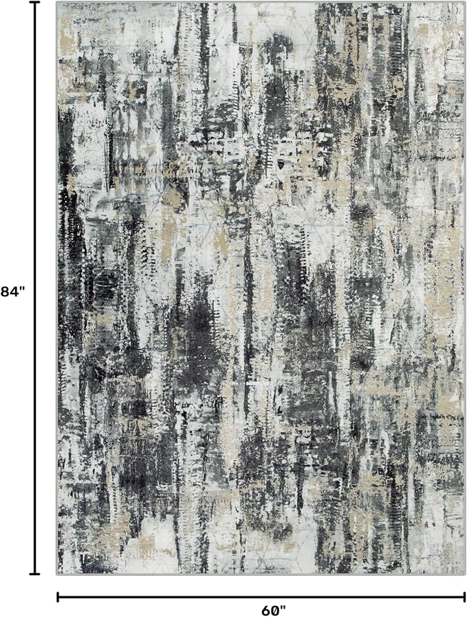 5x7 Area Rugs for Living Room: Washable Abstract Black Grey Gold Carpet | Non-slip TPE backing makes this washable soft low-pile rug safe & durable, Pet-friendly decor for dining room,nursery,office
