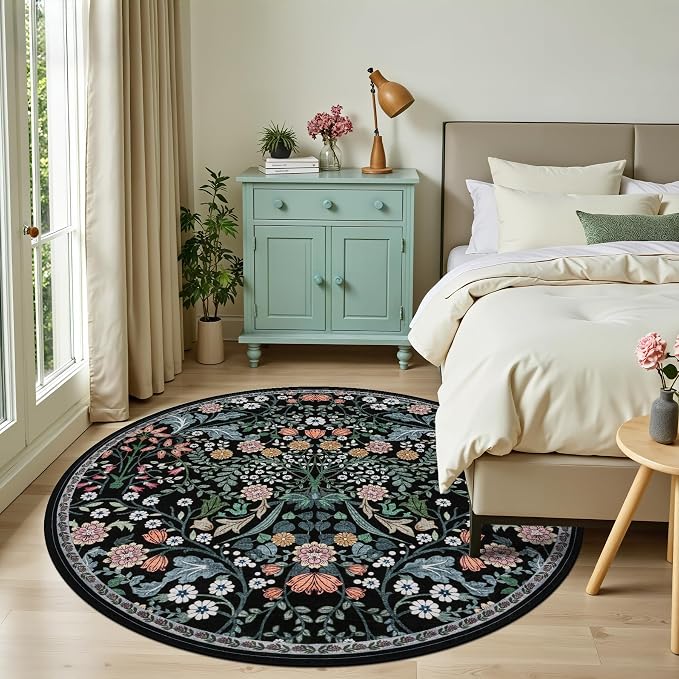 PLHXFR Round Area Rug Living Room: 6 ft Floral Washable Carpet Dark Black | For Bedroom Dining Room Farmhouse Nursery Hallway,Vintage Floral,Machine washable,Non Slip,Stain Resistant,Large Indoor