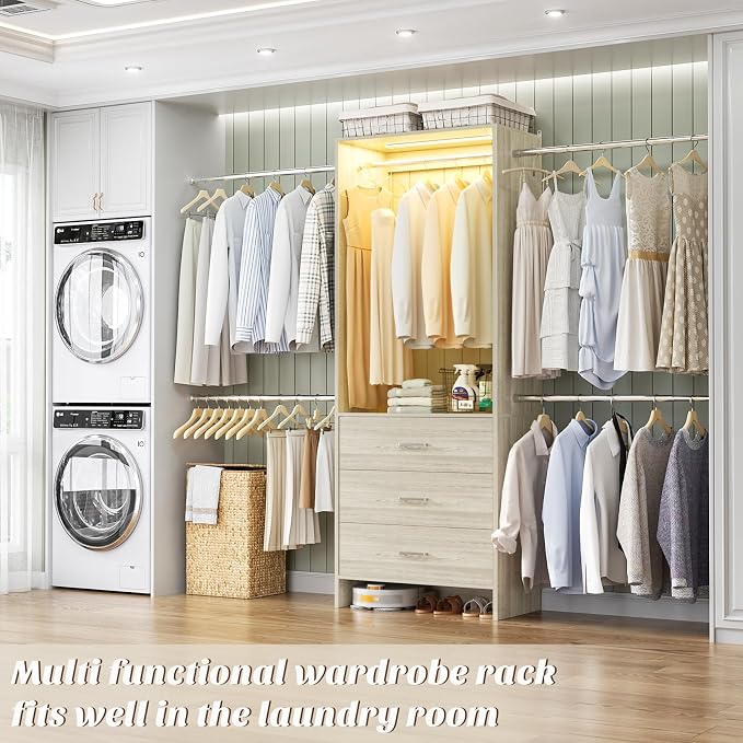 Aheaplus Closet System with Motion-Sensing Light, 3 Wooden Drawers and 4 Hanging Rods, Customizable Walk-in Closet Organizer with 3CCT LED, Heavy Duty Garment Rack for Bedroom, White Oak