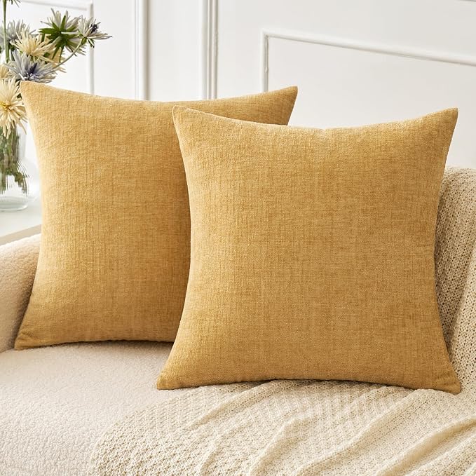 MIULEE Soft Chenille Throw Pillow Covers Gold 20x20 Inch Pack of 2 | Modern Home Decor, Classic Decorative Pillows, Solid Dyed Cases, Boho Couch Cushion Covers for Sofa Bed Living Room