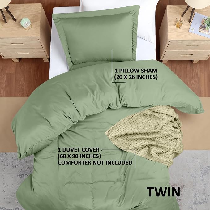 Duvet Cover Twin/Twin XL, 3 PC Cotton Like Polyester, Zipper Closure, Sage | Extra Soft and Breathable, Wrinkle & Fade Resistant, Includes Duvet Cover and 1 Pillow Sham, Comforter Not Included, OekoTex