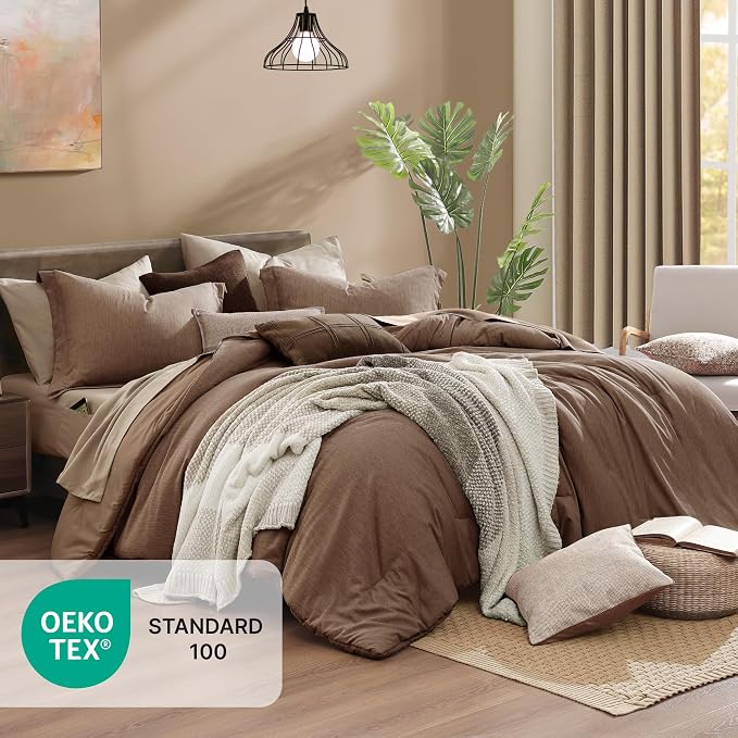 Monbix Queen Comforter Set 7 Pieces Brown Cationic Dyeing Bed in a Bag | Lightweight Reversible All Season Bedding Sets with Comforter, Sheets, Pillowcases & Shams