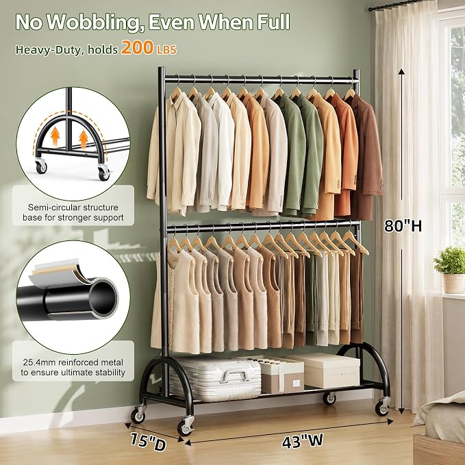 MISSLO Heavy Duty Clothing Racks for Hanging Clothes Double Rod Rolling Closet Rack with Wheels for Coats, Garment Storage, Black