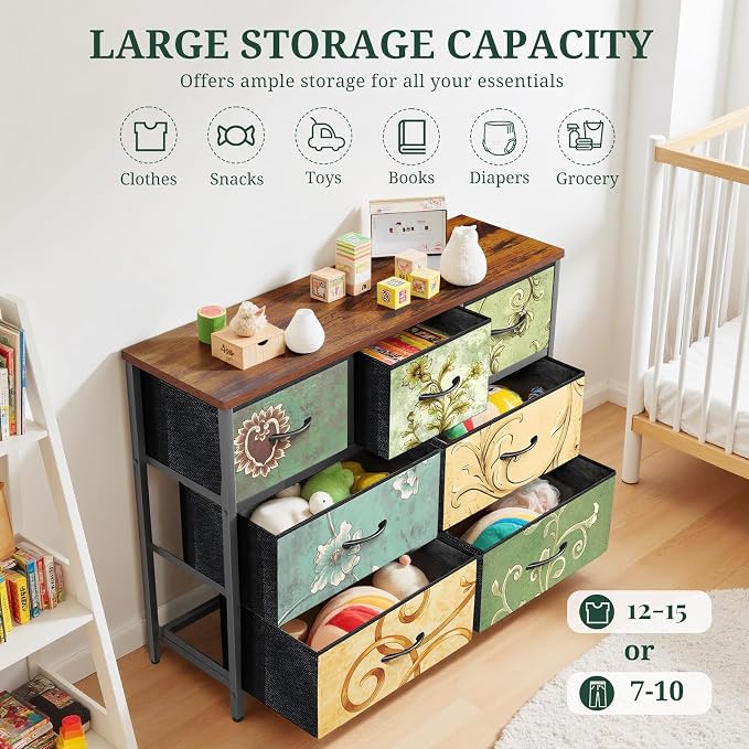 7-Drawer Dresser for Bedroom, Anti-Tip Wide Storage Organizer Fabric | Chest of Drawers TV Stand for 45" TV with Wooden Top Metal Frame for Closet, Living Room, Hallway, Entryway, Floral Painted