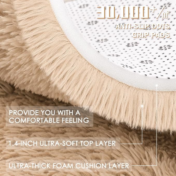 OLANLY Beige Round Rugs for Bedroom - Machine Washable, 5 ft Circle Area Rugs for Living Room, Soft and Fluffy Shaggy Carpet for Teen Girls and Boys, Nursery Rooms, Dorms, Home Decor Aesthetic
