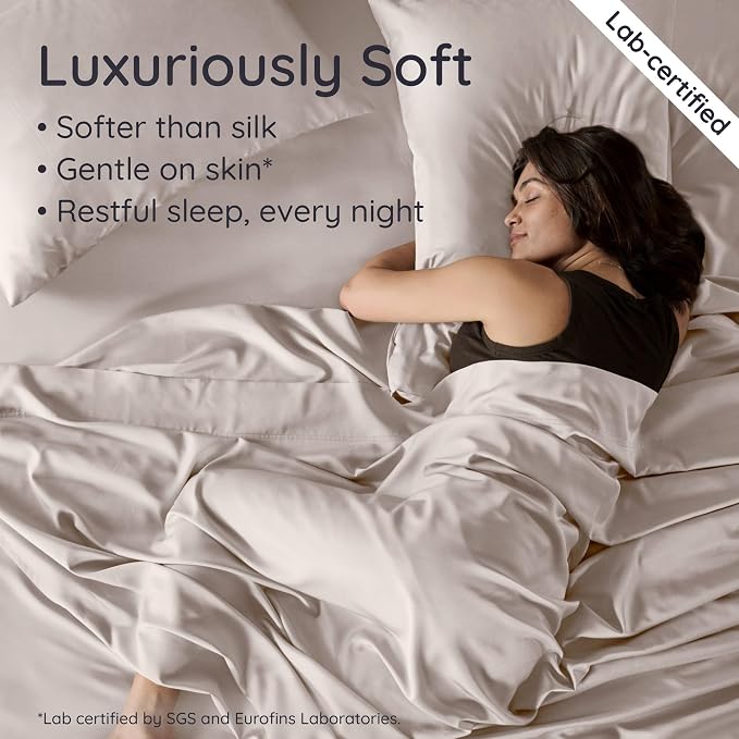 Bambaw 100% Viscose Derived from Bamboo Sheets Queen Size Set – 6pcs Cooling Queen Sheet Set, Deep Pocket Fits Up to 16'' with Elastic Corner Straps, Soft Sheets (Sand)