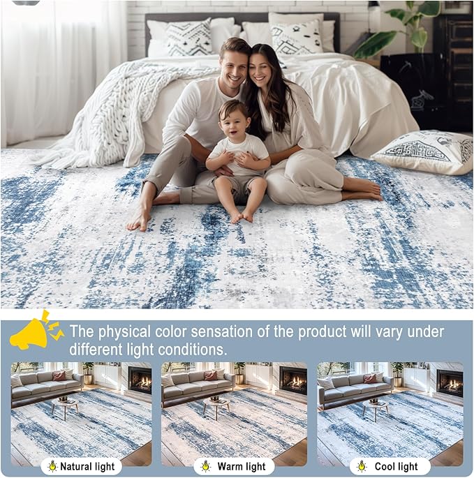 PLHXFR 6x9 Area Rug Living Room: Abstract Washable Carpet White Blue | For Bedroom Dining Room Farmhouse Nursery Home,Machine washable,Non Slip,Large Soft Neutral,Stain Resistant, Indoor Floor