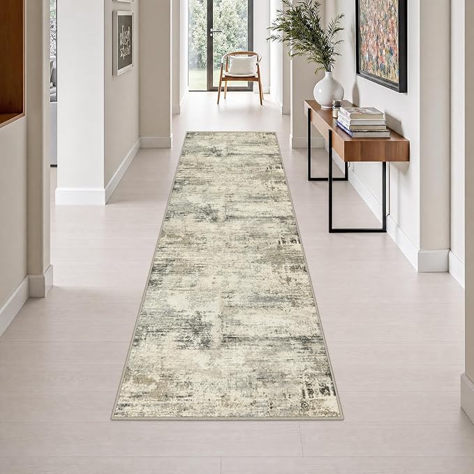 2.6x10 Washable Runner Rug:Modern Abstract Soft Carpet Ash Brown | For Hallway, Bedroom, Kitchen, Laundry, Bathroom,Door Mat,Modern Abstract,Machine washable,Non-Slip,Stain Resistant,Indoor
