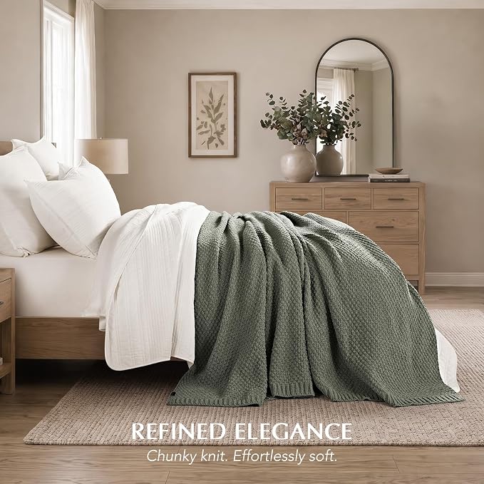 EVERGRACEHOME Chunky Chenille Knit Throw Blanket, 90x90, Dried Thyme Green | Sculpted Moss Stitch, Chic Modern Farmhouse, All-Season Warmth, OEKO-TEX® Certified, Oversized Queen for Couch, Bed, Sofa