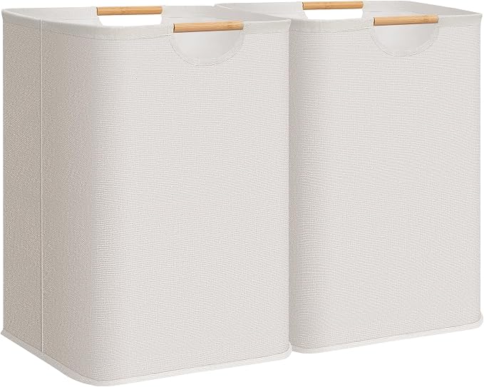 STORAGE MANIAC 2-Pack Large Laundry Hamper, 100L (26.4 Gal) Collapsible Laundry Basket with Bamboo Handles, Freestanding Waterproof Clothes Hamper for Laundry Room, Bedroom, Dorm, Towels, White