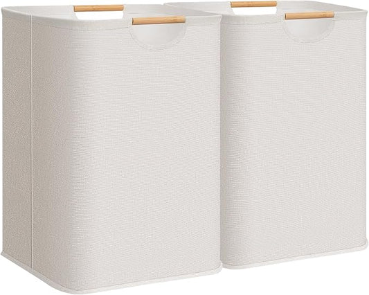 STORAGE MANIAC 2-Pack Large Laundry Hamper, 100L (26.4 Gal) Collapsible Laundry Basket with Bamboo Handles, Freestanding Waterproof Clothes Hamper for Laundry Room, Bedroom, Dorm, Towels, White