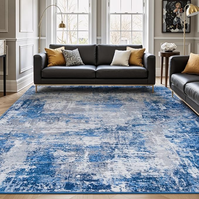 Rugflix 8x10 Area Rugs for Living Room, Washable Blue Grey Large Rug | Machine Washable; Stain-Resistant; Low Pile; Non-Slip; Modern Abstract; Carpet for Bedroom Dining Office Nursery Home