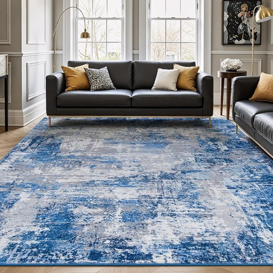 Rugflix 8x10 Area Rugs for Living Room, Washable Blue Grey Large Rug | Machine Washable; Stain-Resistant; Low Pile; Non-Slip; Modern Abstract; Carpet for Bedroom Dining Office Nursery Home