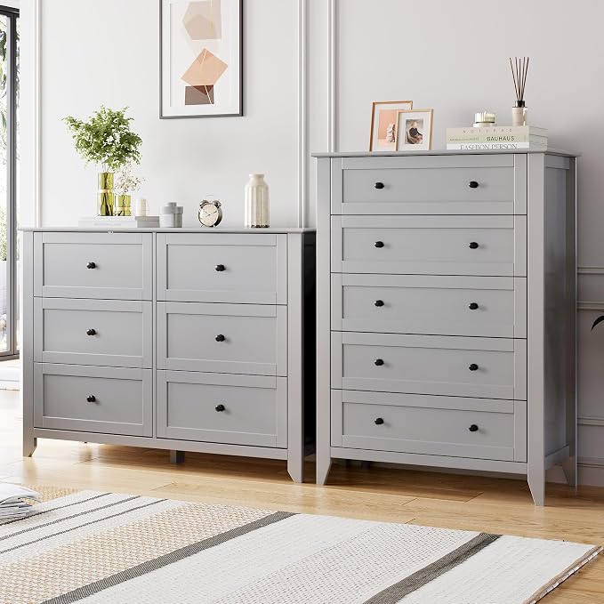 Garvee Grey 5-Drawer Dresser for Bedroom, 42.7" H Storage Drawers Organizer | Modern Lacquered Chest of Drawers, 15.8"D x 31.5"W x 42.7"H, Storage Dresser with Deep Drawers for Home Office