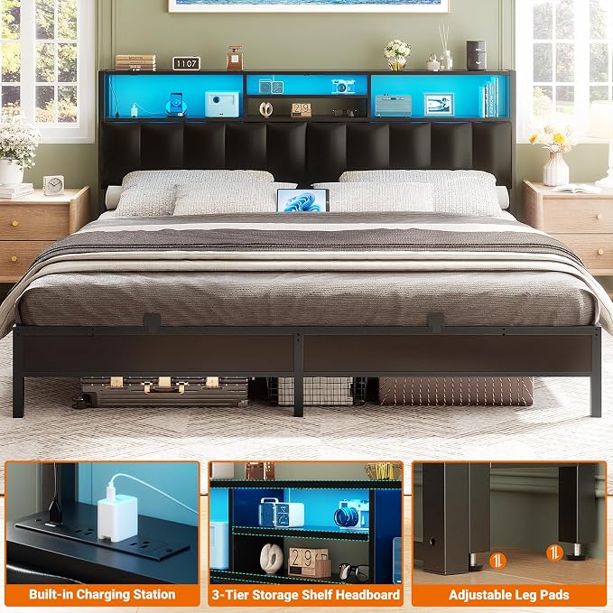 Aheaplus Headboard for King Size Bed with Storage, Upholstered Headboards | with Outlets, USB Ports and LED Light, Reversible King Size Head Board, Height Adjustable, Comfortable Headboard, Black