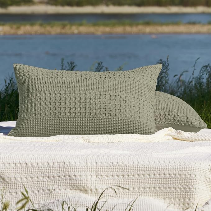 PHF 100% Cotton Waffle Pillow Shams King Size, 2 Pack 20" x 36" Soft Skin-Friendly Pillowcases, No Filling, Aesthetic Woven and Breathable Waffle Weave Pillow Case Covers for Bed, Dusty Sage