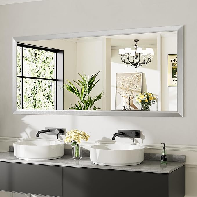 Bathroom Wall Mirror, Silver Brushed Nickel Metal Frame, 72x32 Inch | Anti-rust, HD tempered glass, for bathroom vanity, bedroom, living room, horizontal or vertical mount